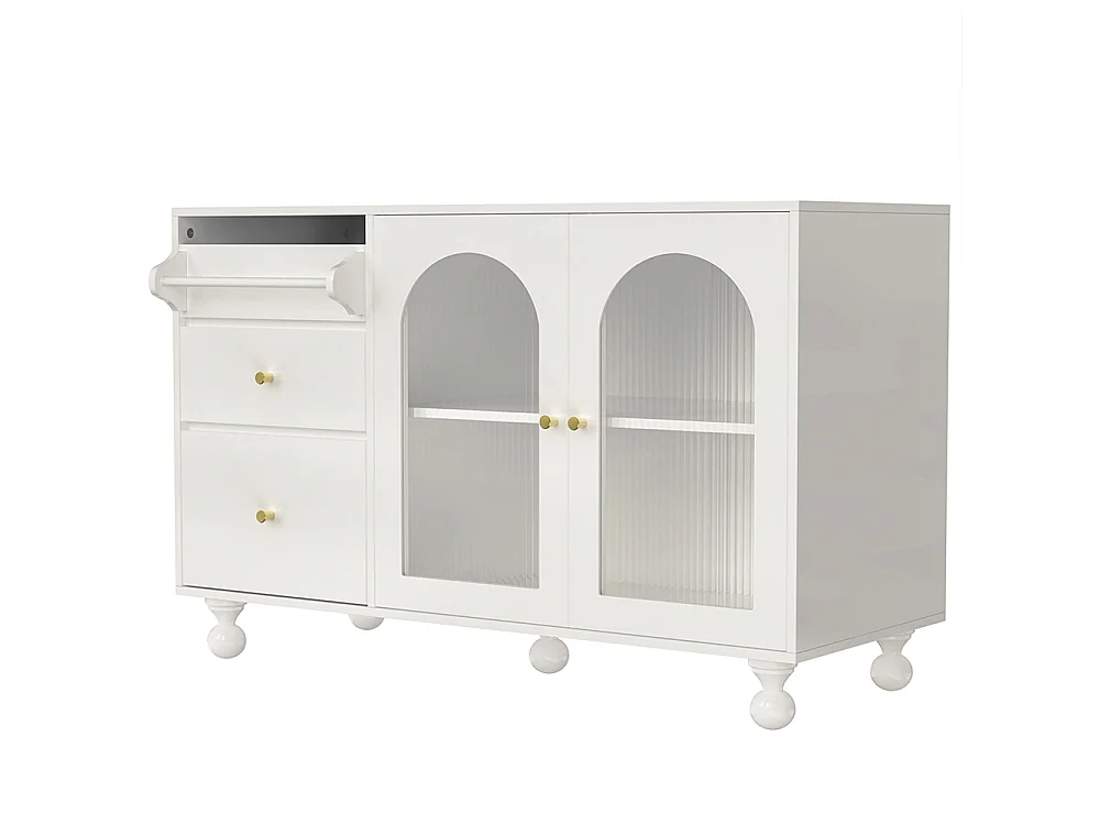 Aparador blanco con puerta de cristal arcoíris larga y estante de toallas, elegante armario
