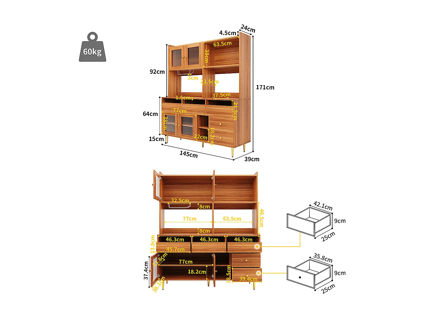 Buffet de salle à manger (145 x 39 x 171 cm) avec de longues portes en verre arc-en-ciel, des porte-verres à vin, une structure en bois et des décorations dorées.