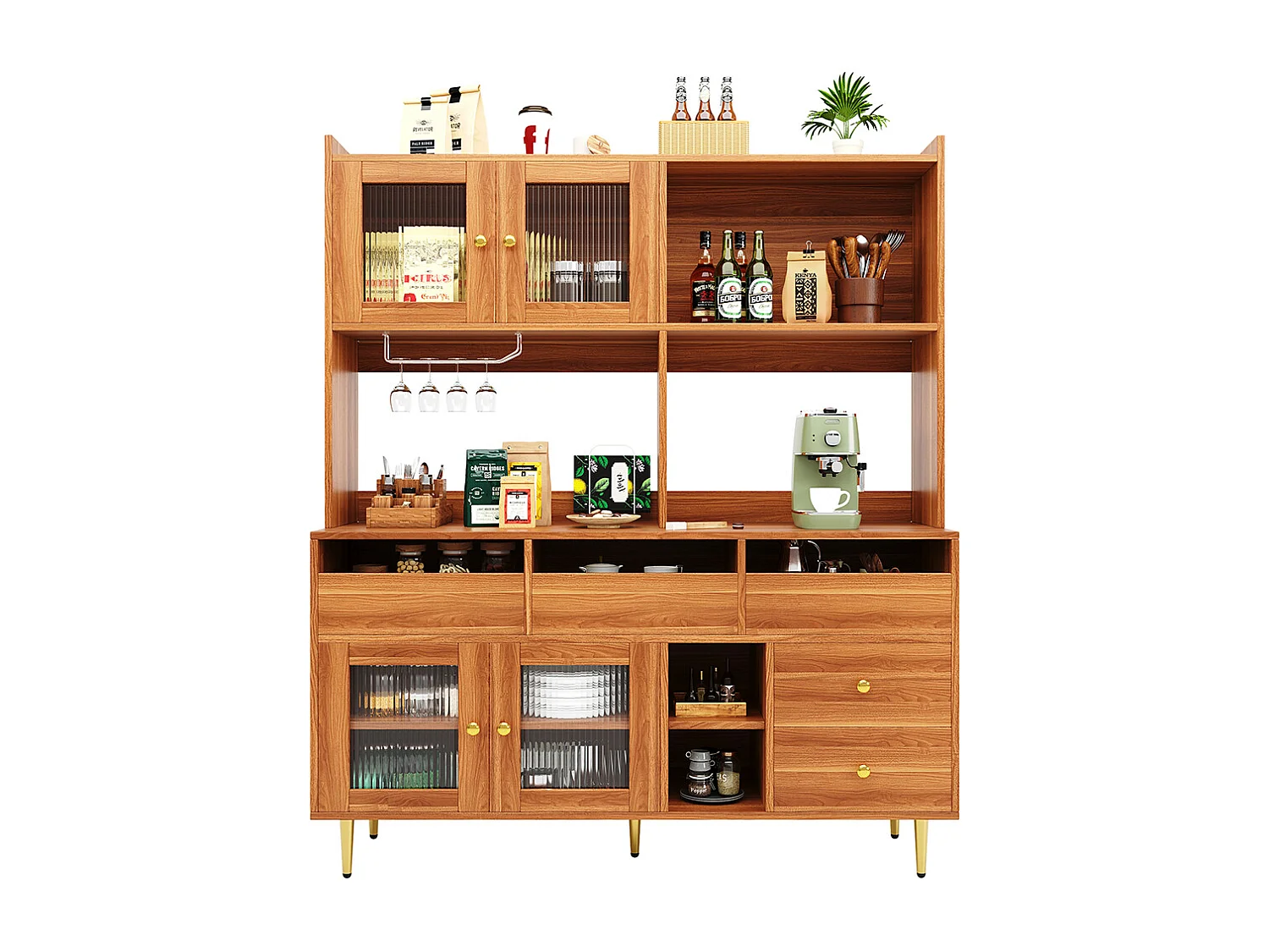 Buffet de salle à manger (145 x 39 x 171 cm) avec de longues portes en verre arc-en-ciel, des porte-verres à vin, une structure en bois et des décorations dorées.