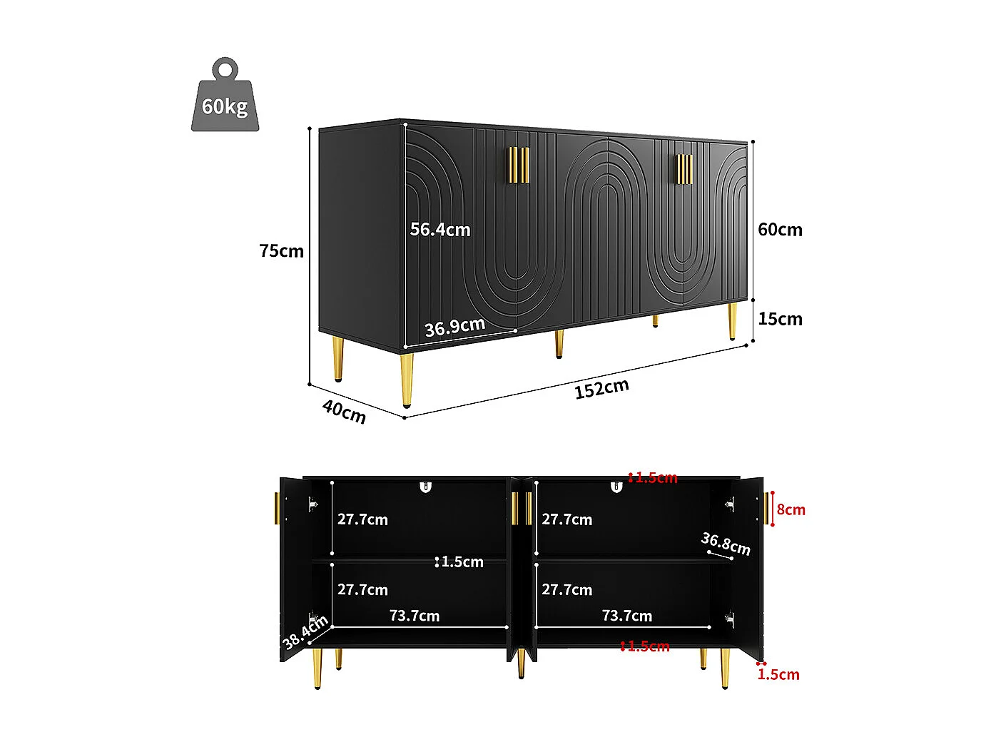 Buffet noir (152 x 40 x 75 cm), design unique en forme de vague, poignées et pieds dorés