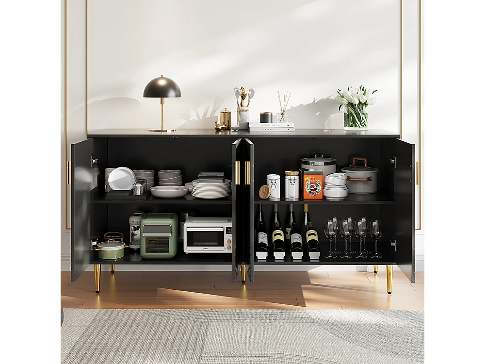 Buffet noir (152 x 40 x 75 cm), design unique en forme de vague, poignées et pieds dorés