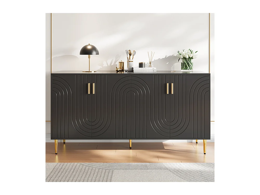 Buffet noir (152 x 40 x 75 cm), design unique en forme de vague, poignées et pieds dorés
