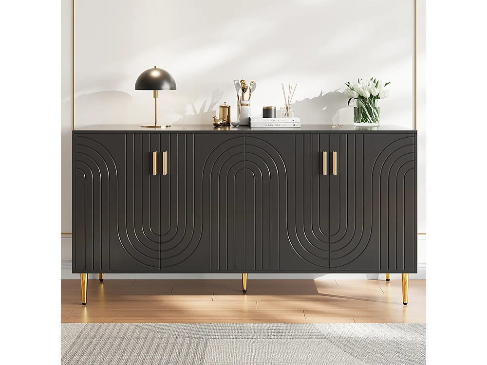 Buffet noir (152 x 40 x 75 cm), design unique en forme de vague, poignées et pieds dorés