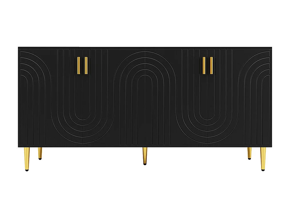 Buffet noir (152 x 40 x 75 cm), design unique en forme de vague, poignées et pieds dorés