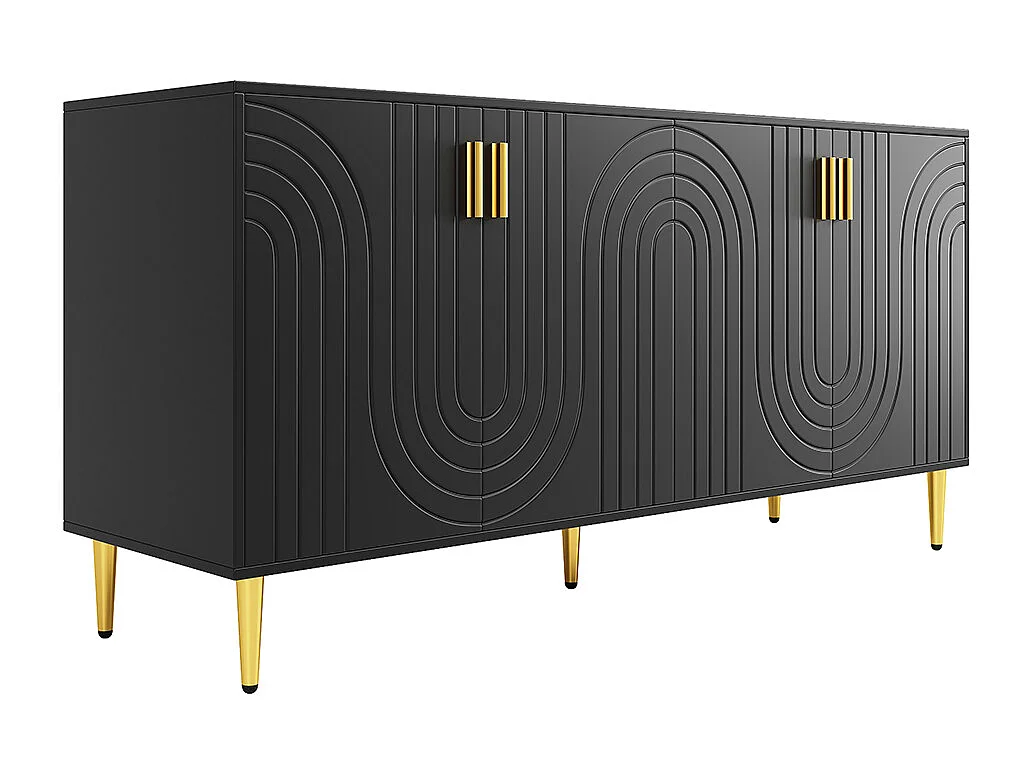 Buffet noir (152 x 40 x 75 cm), design unique en forme de vague, poignées et pieds dorés