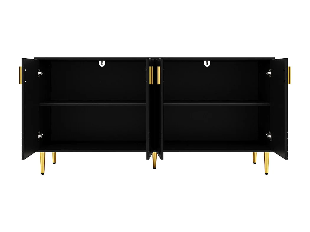 Buffet noir (152 x 40 x 75 cm), design unique en forme de vague, poignées et pieds dorés