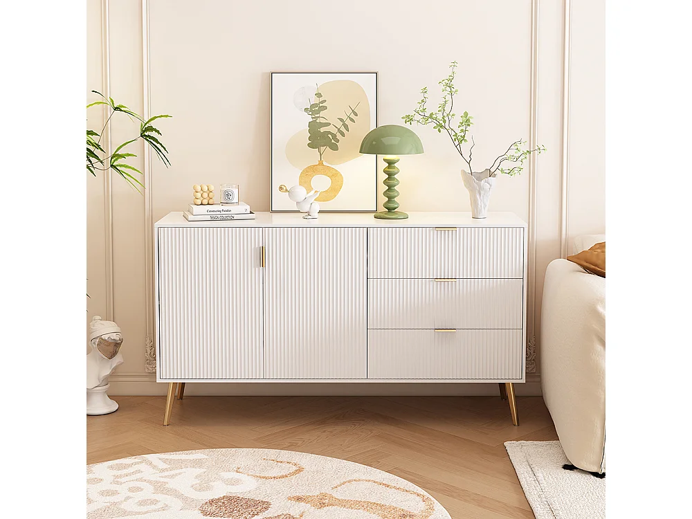 Buffet moderne avec pieds et poignées dorés, commode, laqué, coins arrondis, 7 compartiments, 140L*40P*78H cm, blanc