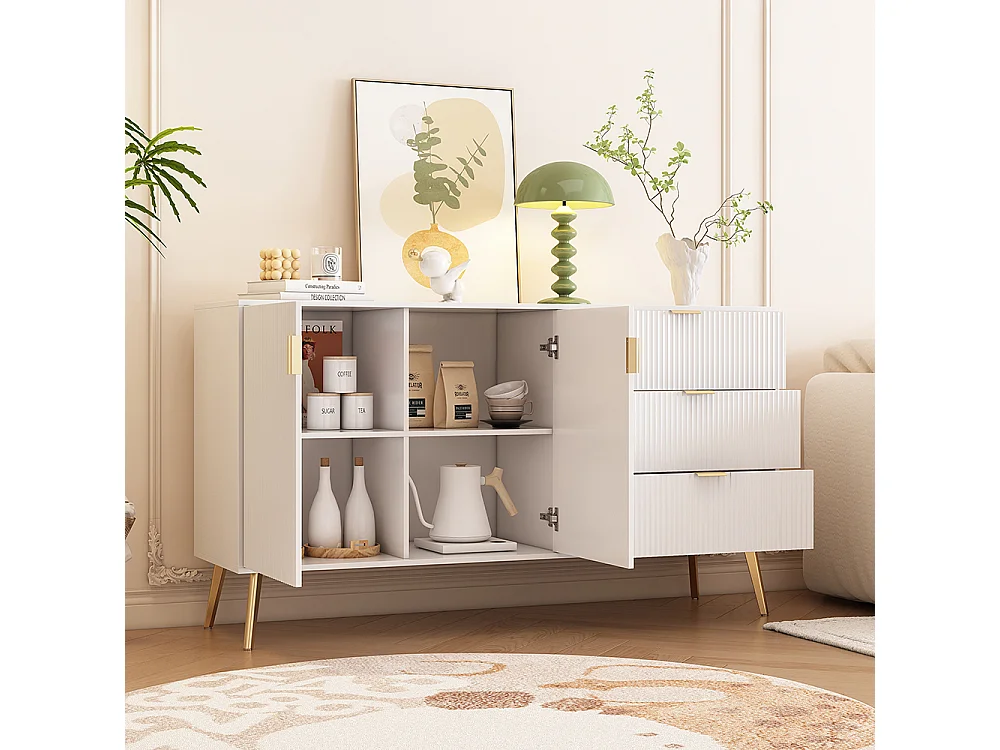 Buffet moderne avec pieds et poignées dorés, commode, laqué, coins arrondis, 7 compartiments, 140L*40P*78H cm, blanc