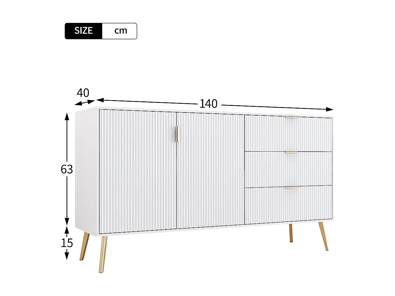 Buffet moderne avec pieds et poignées dorés, commode, laqué, coins arrondis, 7 compartiments, 140L*40P*78H cm, blanc