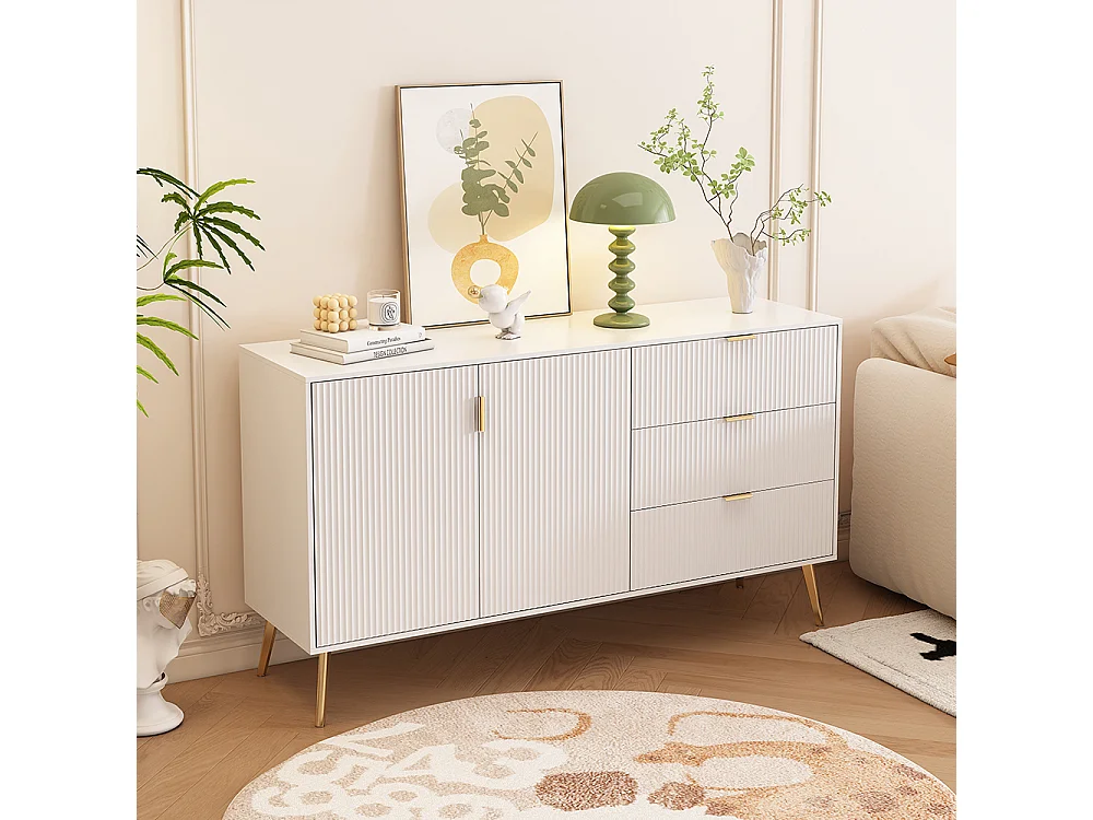 Buffet moderne avec pieds et poignées dorés, commode, laqué, coins arrondis, 7 compartiments, 140L*40P*78H cm, blanc