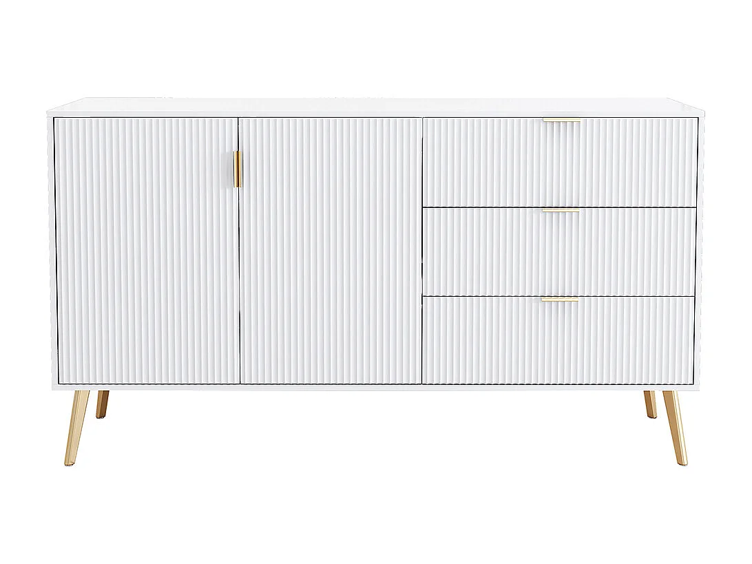 Buffet moderne avec pieds et poignées dorés, commode, laqué, coins arrondis, 7 compartiments, 140L*40P*78H cm, blanc
