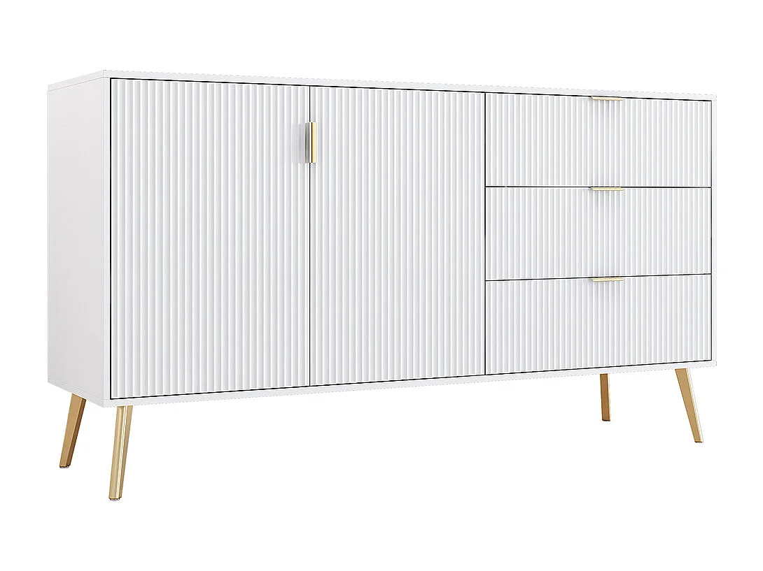 Buffet moderne avec pieds et poignées dorés, commode, laqué, coins arrondis, 7 compartiments, 140L*40P*78H cm, blanc