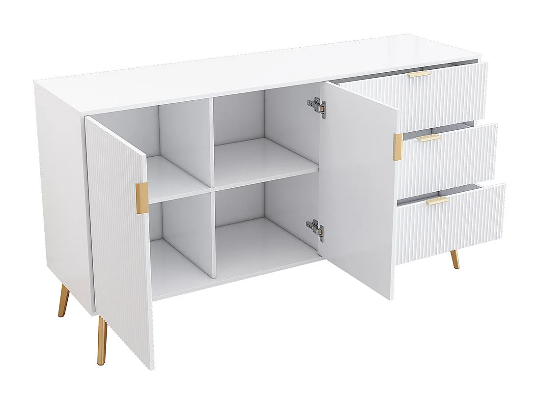 Buffet moderne avec pieds et poignées dorés, commode, laqué, coins arrondis, 7 compartiments, 140L*40P*78H cm, blanc
