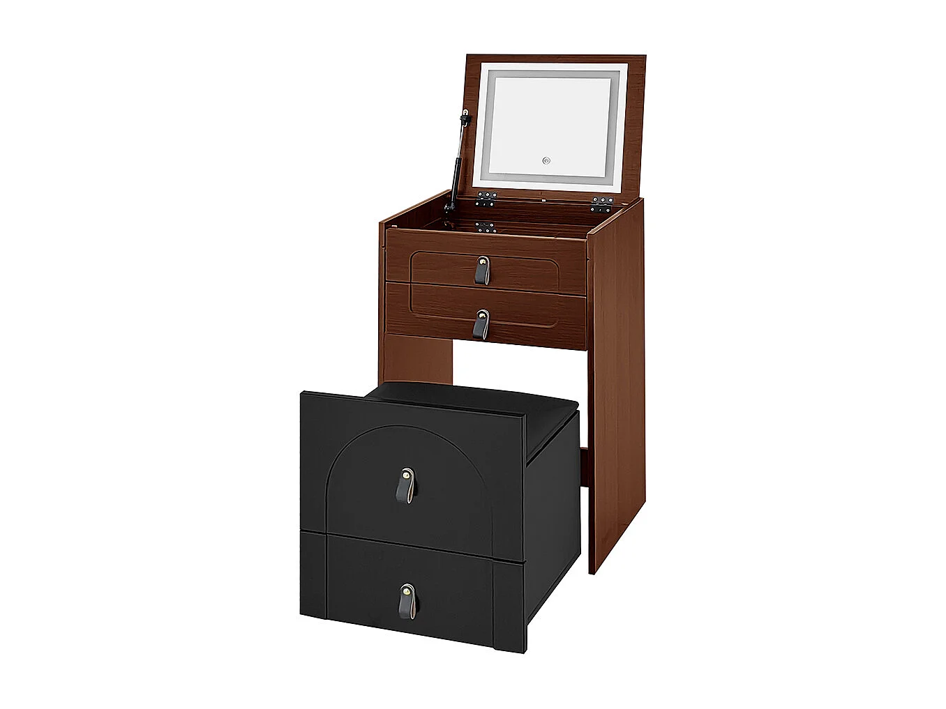 Penteadeira (incl. banco de apoio), mesa de cabeceira com espelho e iluminação LED, com 3 gavetas, preto + castanho