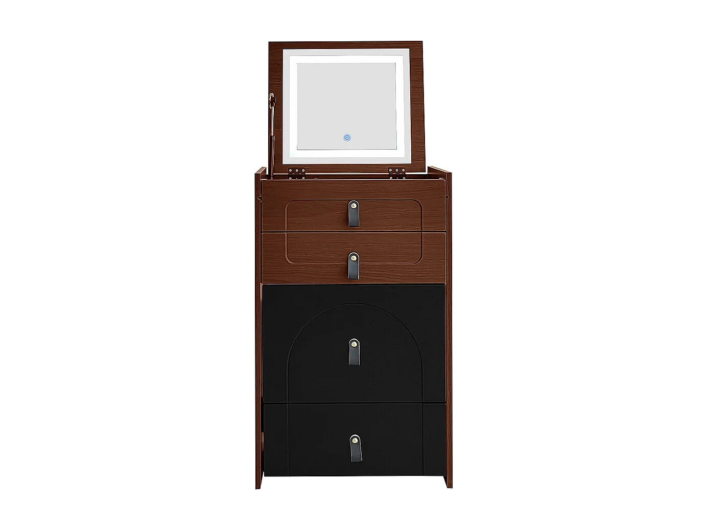 Penteadeira (incl. banco de apoio), mesa de cabeceira com espelho e iluminação LED, com 3 gavetas, preto + castanho