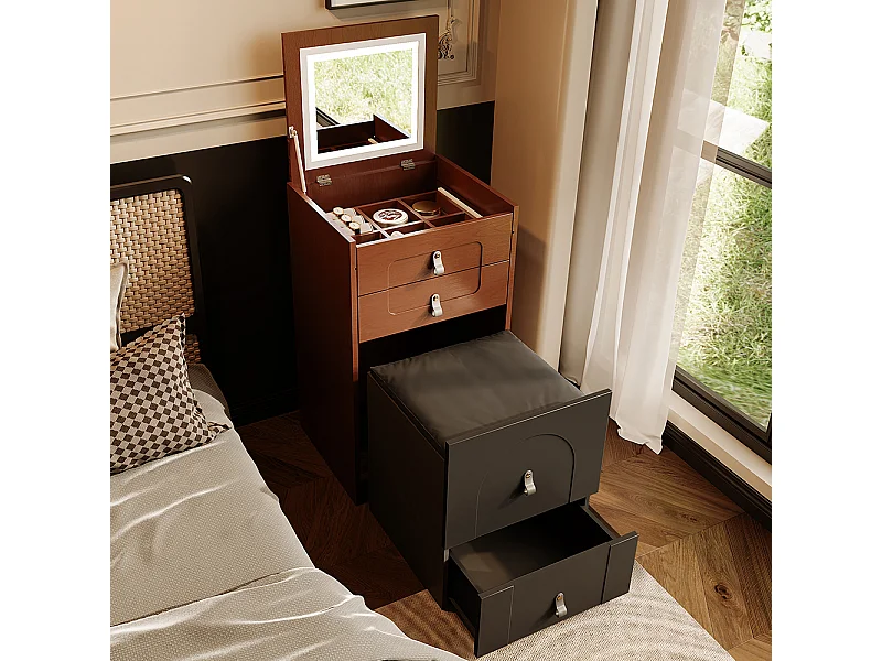 Penteadeira (incl. banco de apoio), mesa de cabeceira com espelho e iluminação LED, com 3 gavetas, preto + castanho