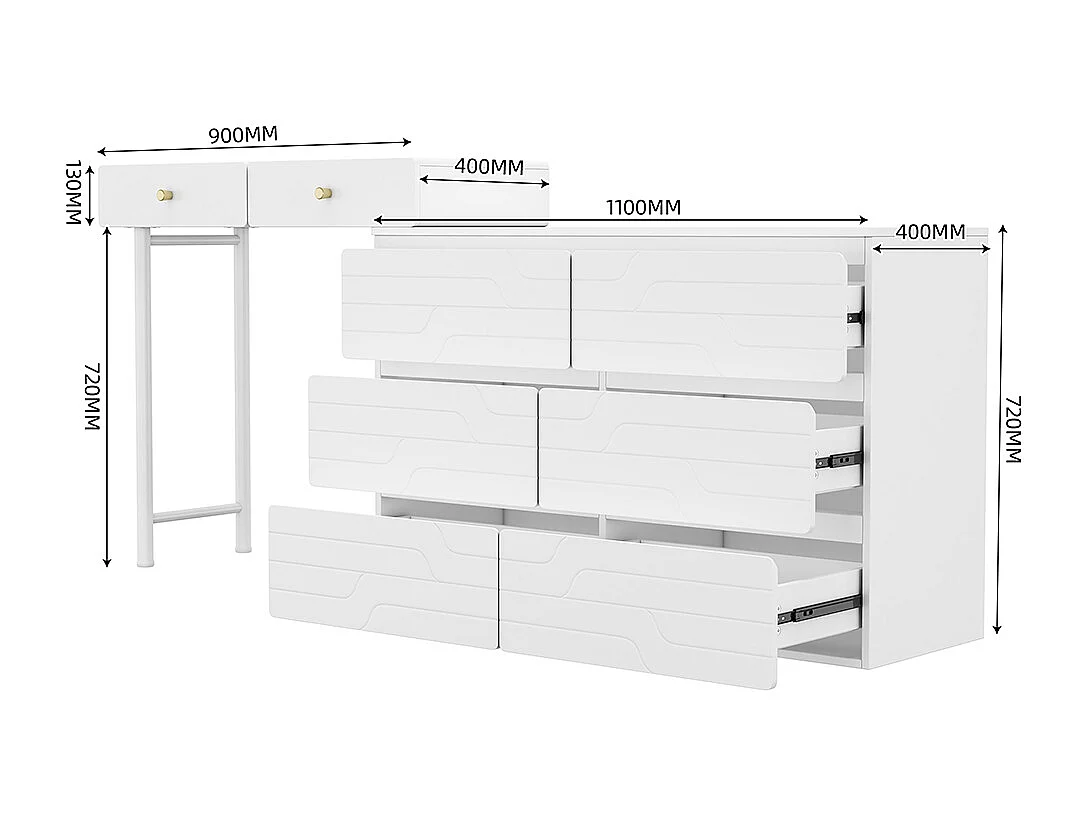 Toucador (sem cadeira e sem espelho), incluindo aparador extraível, unidade de arrumação 180*40*85cm, três níveis, seis gavetas, branco