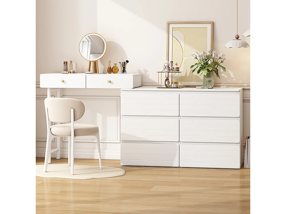 Toucador (sem cadeira e sem espelho), incluindo aparador extraível, unidade de arrumação 180*40*85cm, três níveis, seis gavetas, branco