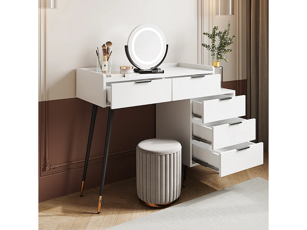 Penteadeira branca (sem cadeira), com armários laterais deslizantes, espelho com luz regulável, com 5 gavetas