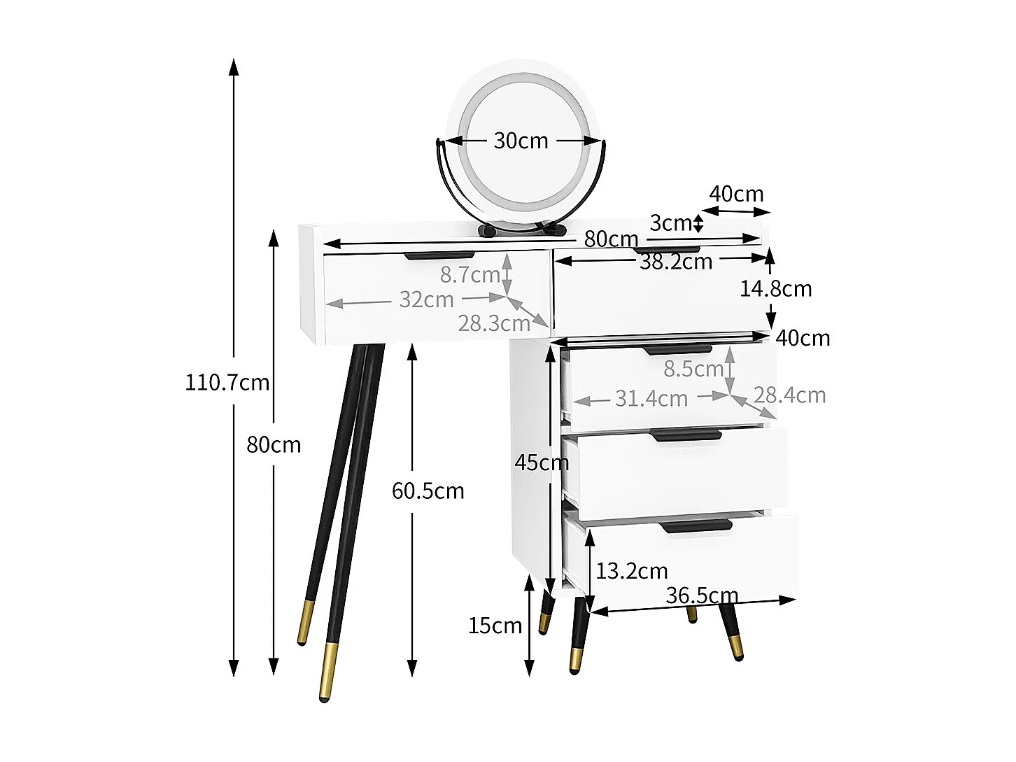 Penteadeira branca (sem cadeira), com armários laterais deslizantes, espelho com luz regulável, com 5 gavetas