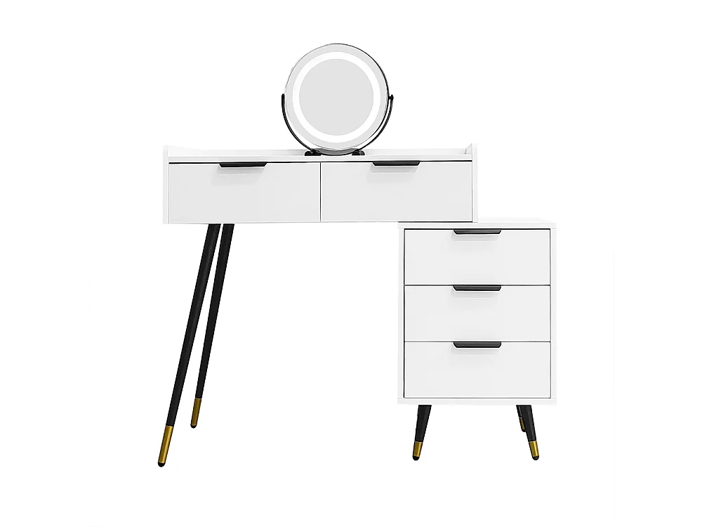 Penteadeira branca (sem cadeira), com armários laterais deslizantes, espelho com luz regulável, com 5 gavetas