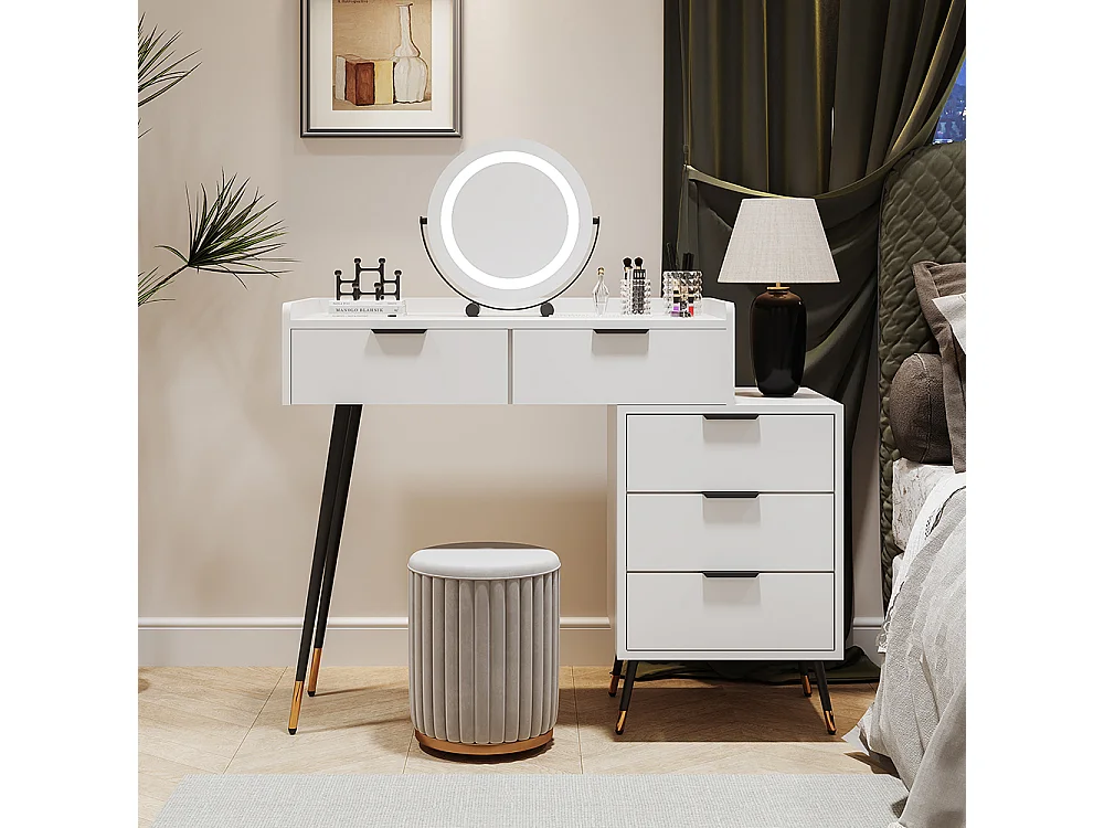 Weißer Waschtisch (ohne Stuhl), mit verschiebbaren Seitenschränken, Spiegel mit einstellbarer Helligkeit, mit 5 Schubladen.