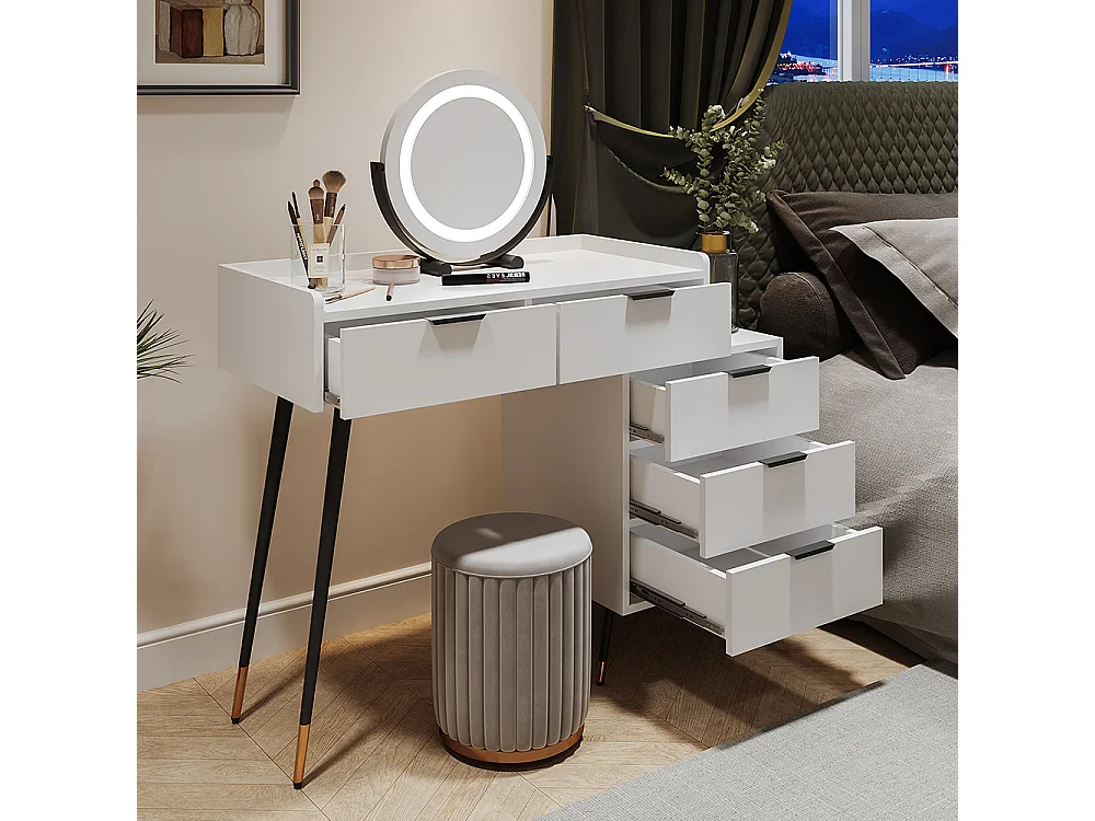 Weißer Waschtisch (ohne Stuhl), mit verschiebbaren Seitenschränken, Spiegel mit einstellbarer Helligkeit, mit 5 Schubladen.