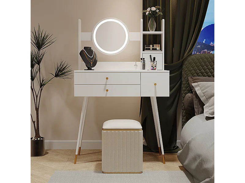 Toucador (sem cadeira) com espelho de luz regulável, com 3 gavetas, vários espaços de arrumação, branco