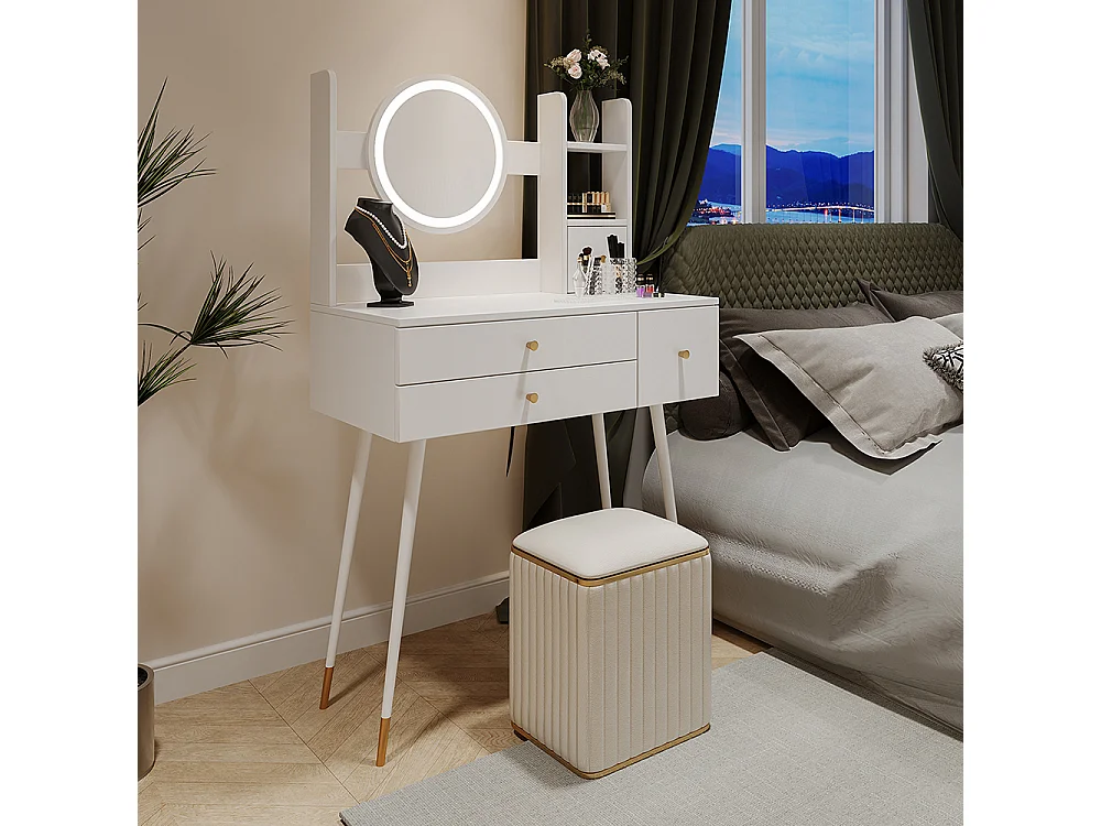 Toucador (sem cadeira) com espelho de luz regulável, com 3 gavetas, vários espaços de arrumação, branco