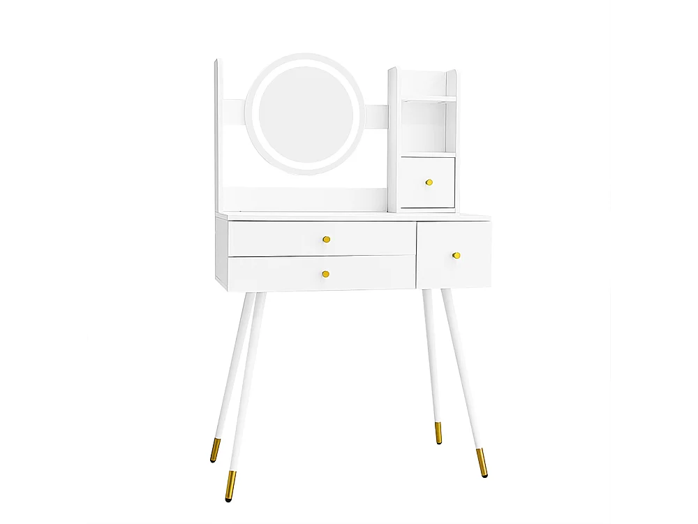 Toucador (sem cadeira) com espelho de luz regulável, com 3 gavetas, vários espaços de arrumação, branco