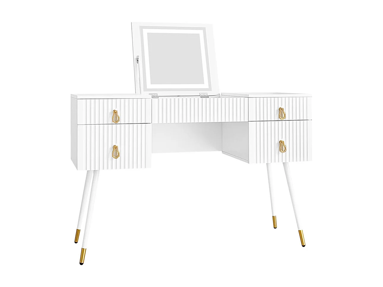Weißer Schminktisch (ohne Stuhl), mit LED-Spiegel mit einstellbarer Helligkeit, goldene Luxusbeschläge, mit vier Schubladen.