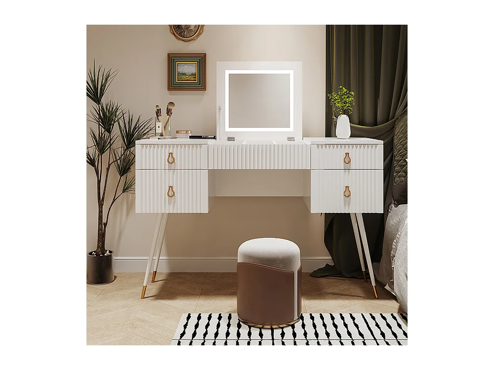 Table de toilette blanche (sans chaise), avec miroir LED à luminosité réglable, ferrures dorées de luxe, avec 4 tiroirs