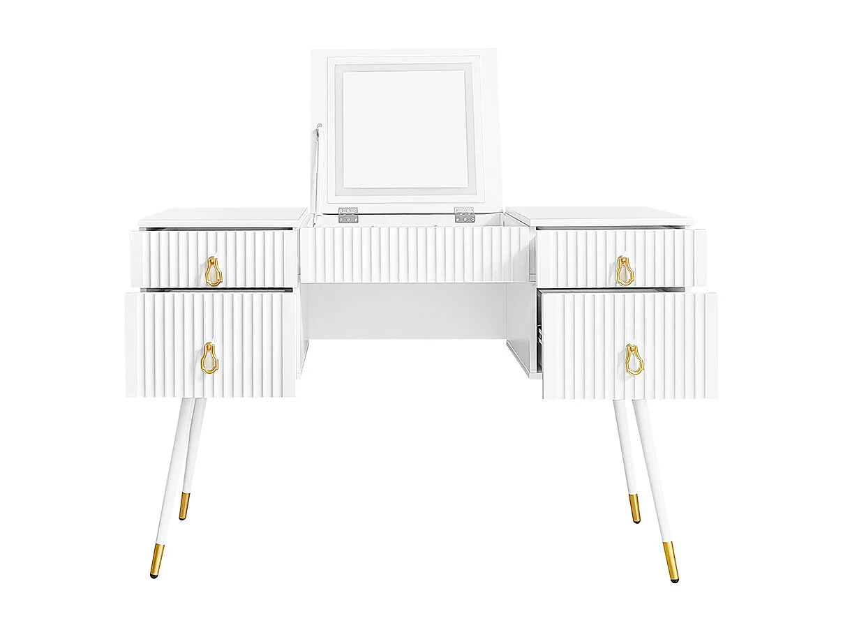 Penteadeira branca (sem cadeira), com espelho LED de luz regulável, ferragens douradas de luxo, com 4 gavetas