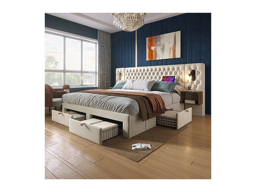 Cama de casal acolchoada 160 x 200 cm, com mesas de cabeceira e gavetas, luz de leitura, bege