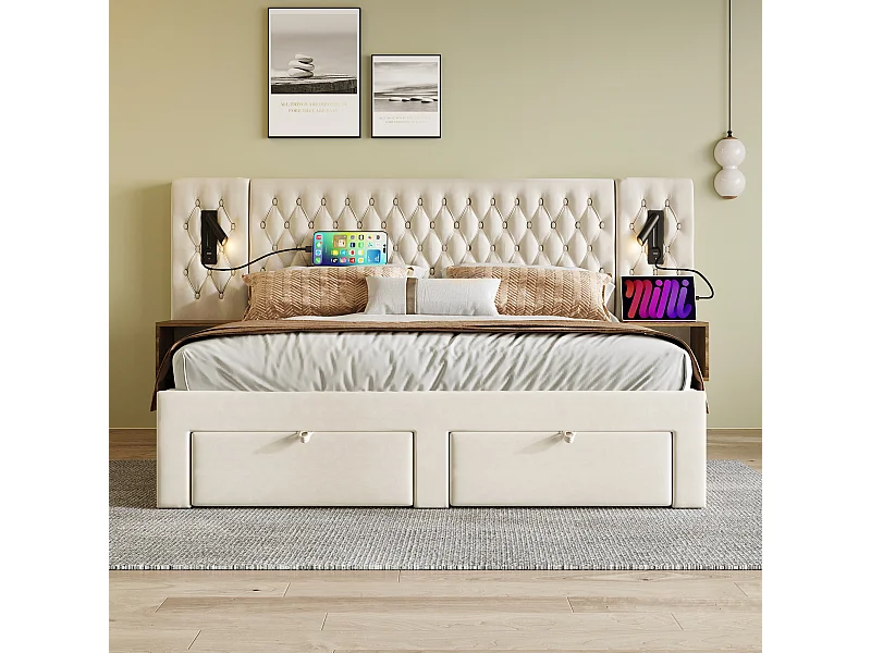 Gepolstertes Doppelbett 160 x 200 cm, mit Nachttischen und Schubladen, Leselampe, beige