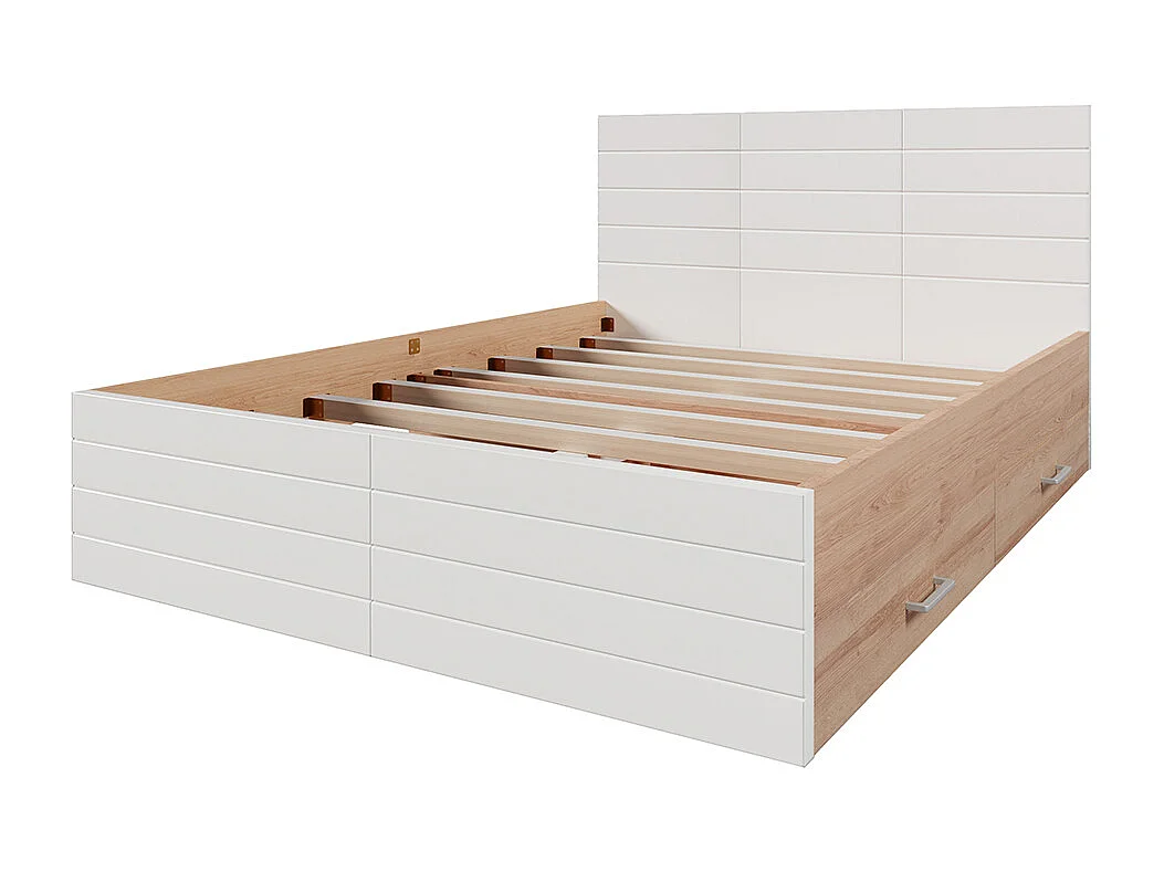 Lit double en bois 140 x 200 cm avec 2 tiroirs, ensemble chêne + blanc