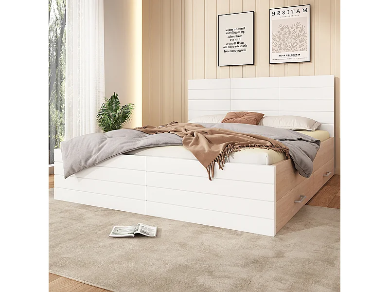 Lit double en bois 180 x 200 cm avec 2 tiroirs, ensemble chêne + blanc
