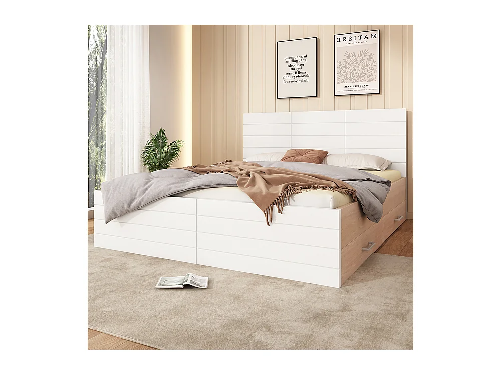 Lit double en bois 180 x 200 cm avec 2 tiroirs, ensemble chêne + blanc