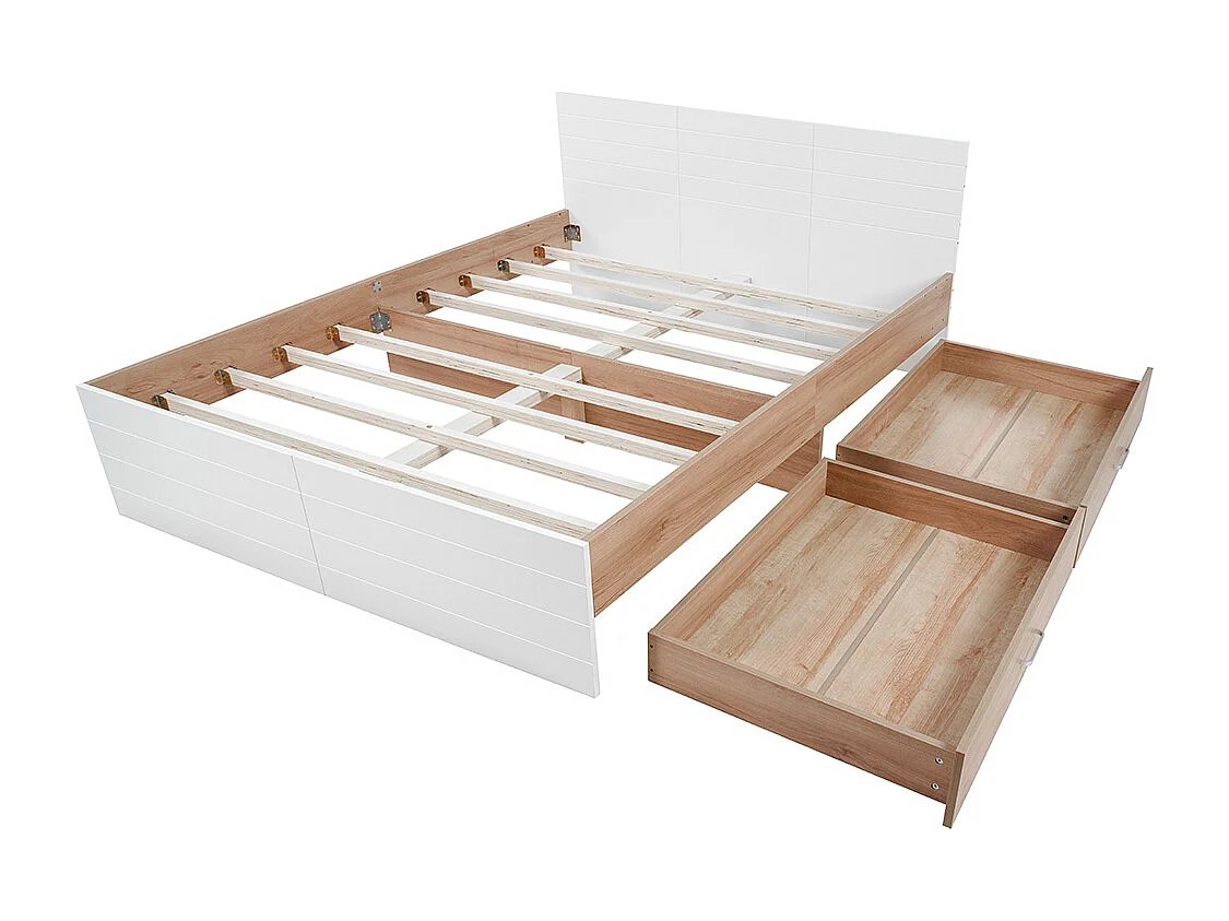 Lit double en bois 180 x 200 cm avec 2 tiroirs, ensemble chêne + blanc