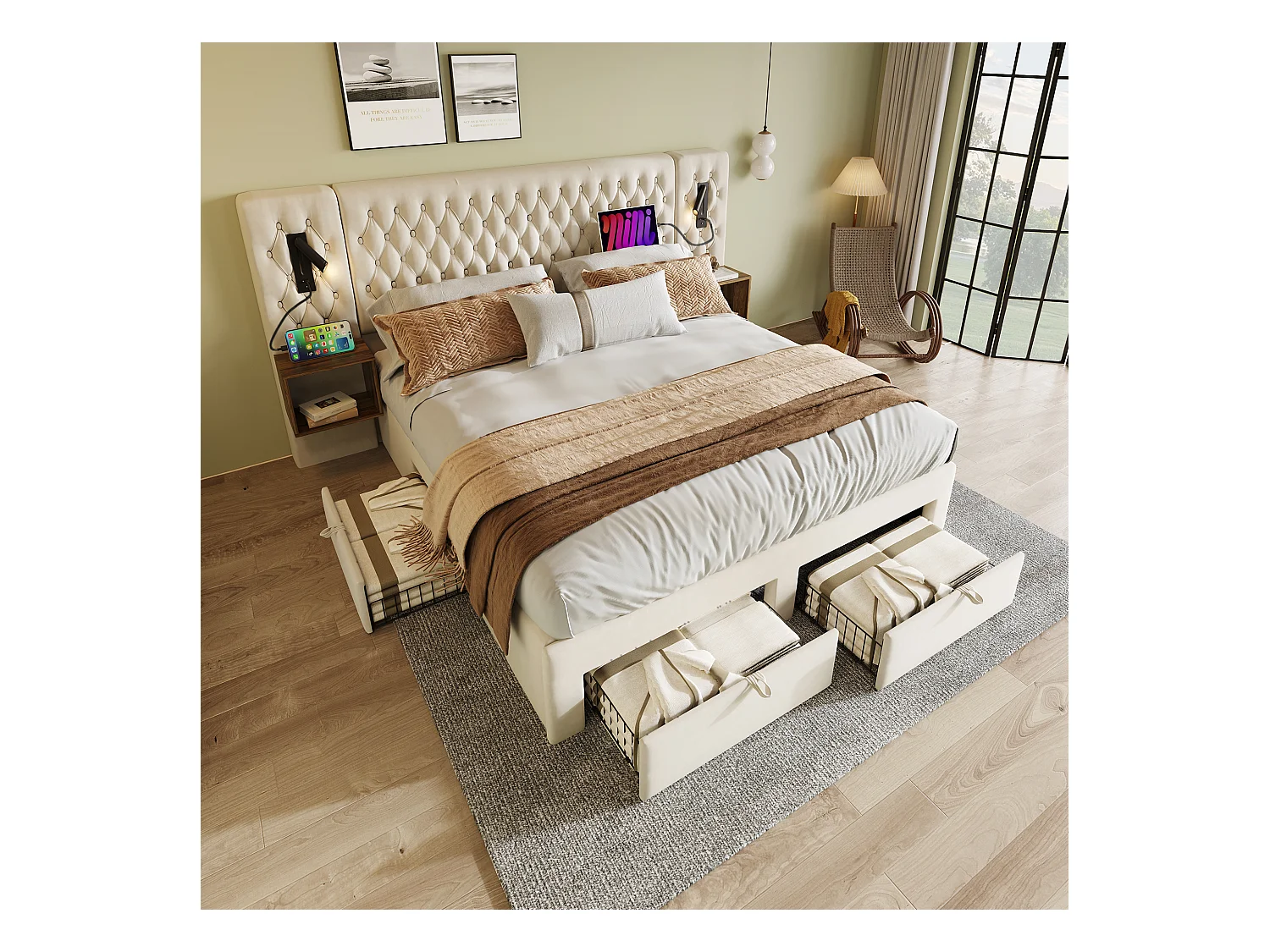 Gepolstertes Doppelbett 180 x 200 cm, mit Nachttischen und Schubladen, Leselampe, beige