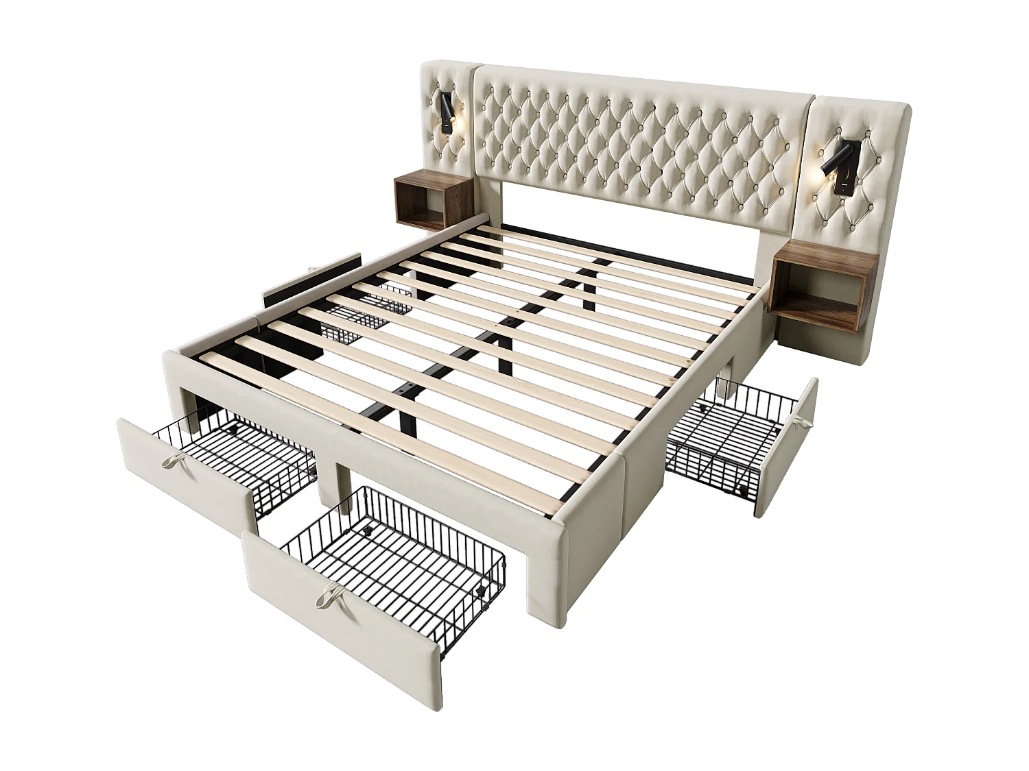 Lit double capitonné 180 x 200 cm, avec tables de chevet et tiroirs, liseuse, beige