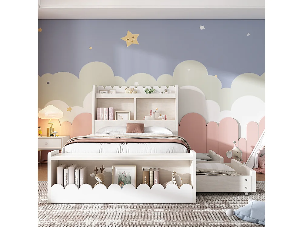 Cama infantil individual 90x200 cm con cajones, estantes y banco con espacio de almacenamiento, color blanco + roble