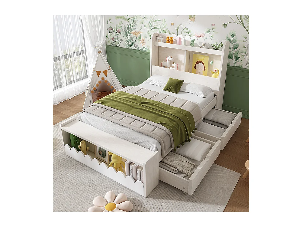 Eenpersoons kinderbed 90x200 cm met laden, planken en bank met opbergruimte, wit + eik