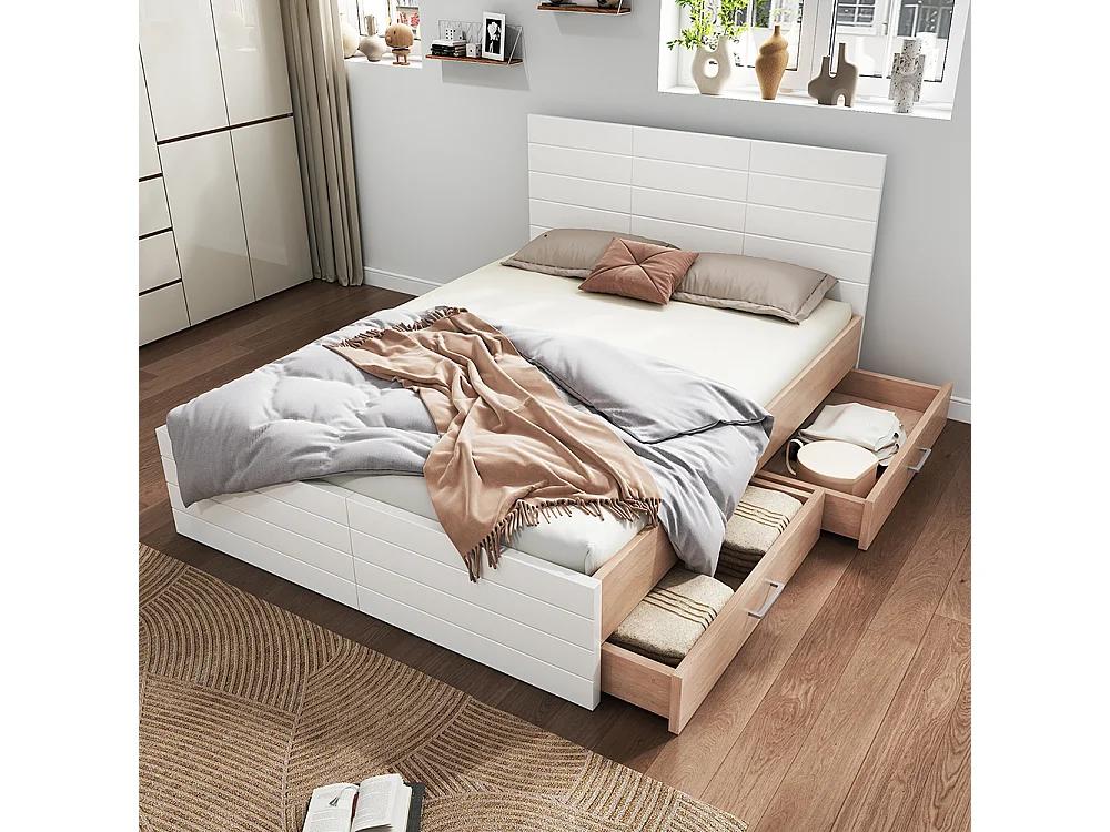 Doppelbett aus Holz 160 x 200 cm mit 2 Schubladen, Set Eiche + weiß.