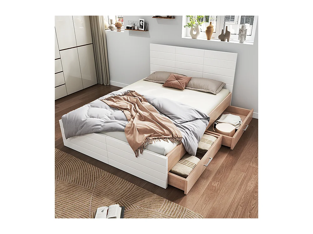 Lit double en bois 160 x 200 cm avec 2 tiroirs, ensemble chêne + blanc