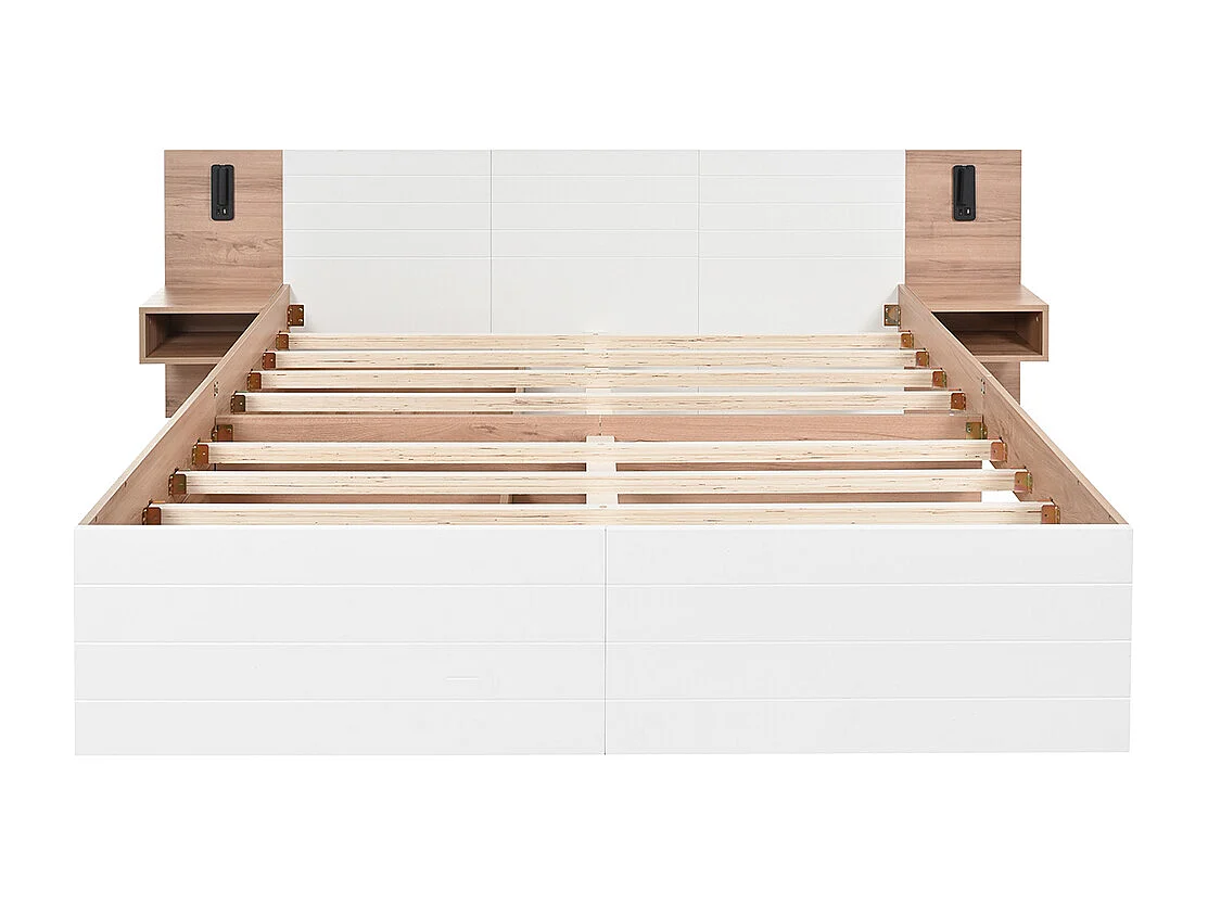 Lit double 160 x 200 cm, avec tiroirs, liseuse, table de nuit, chêne + blanc