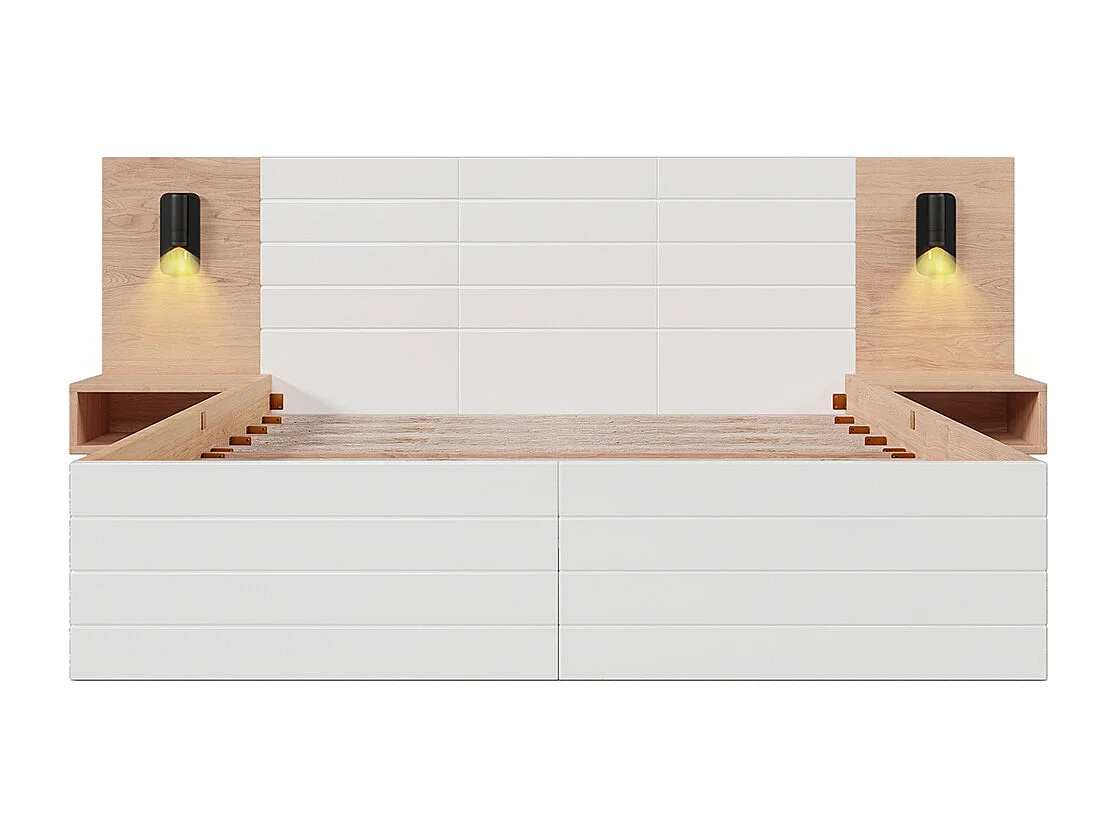 Lit double 160 x 200 cm, avec tiroirs, liseuse, table de nuit, chêne + blanc