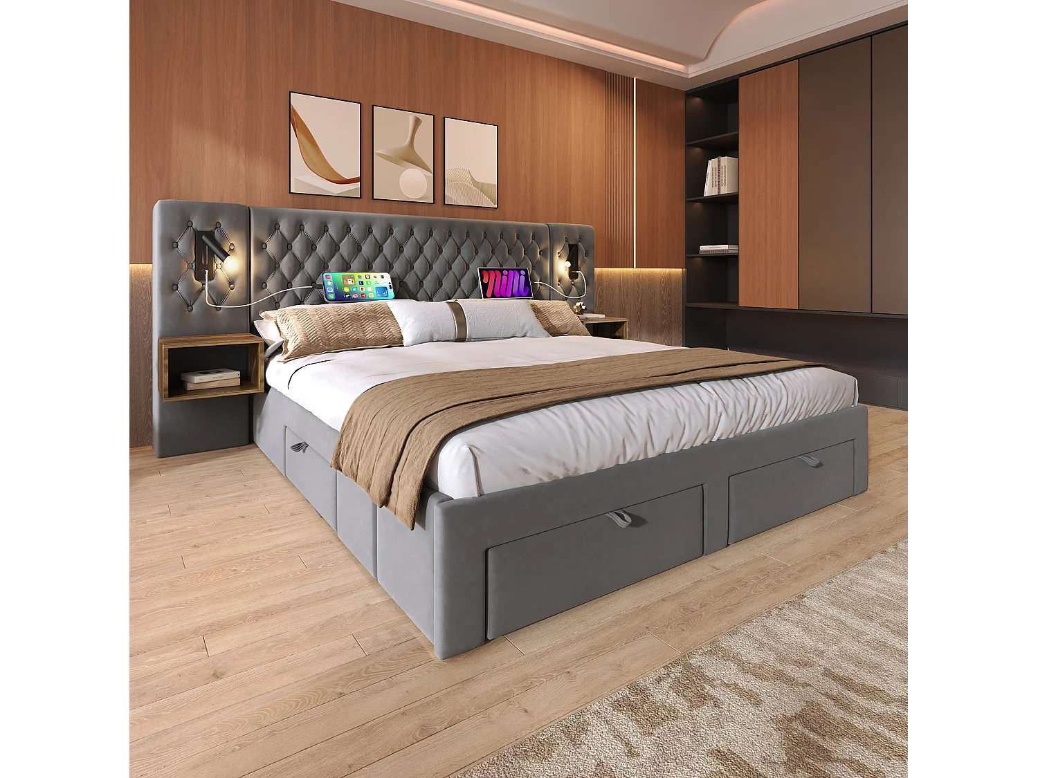 Lit double capitonné 180 x 200 cm, avec tables de chevet et tiroirs, liseuse, gris