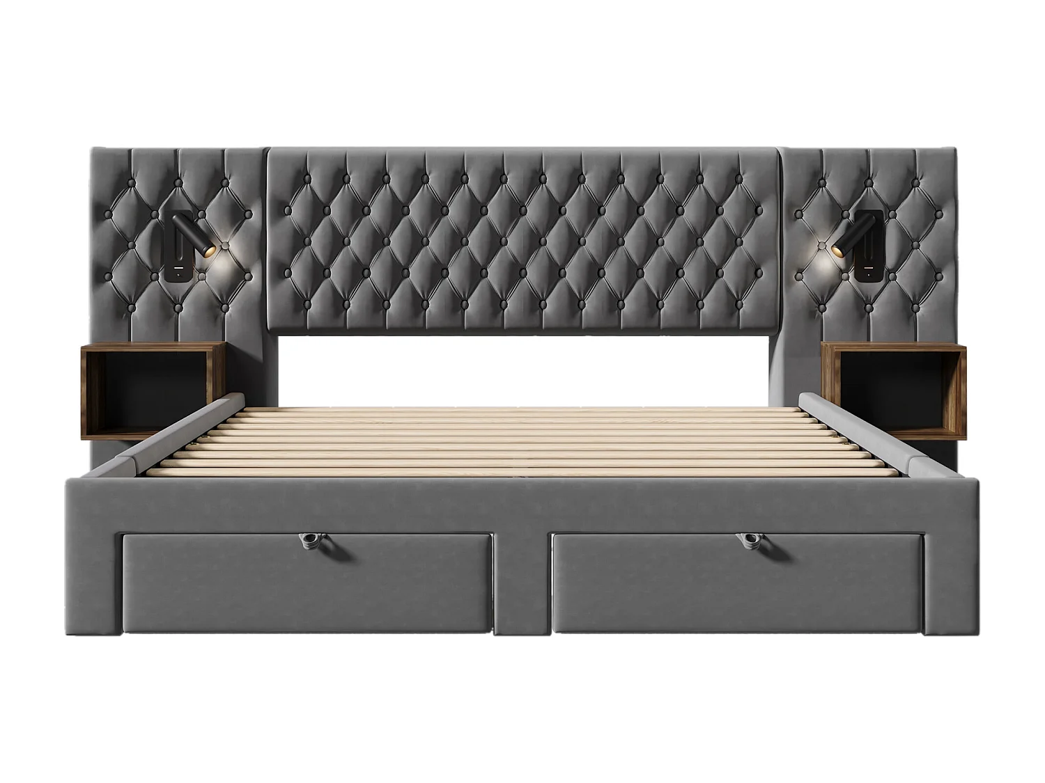 Lit double capitonné 180 x 200 cm, avec tables de chevet et tiroirs, liseuse, gris