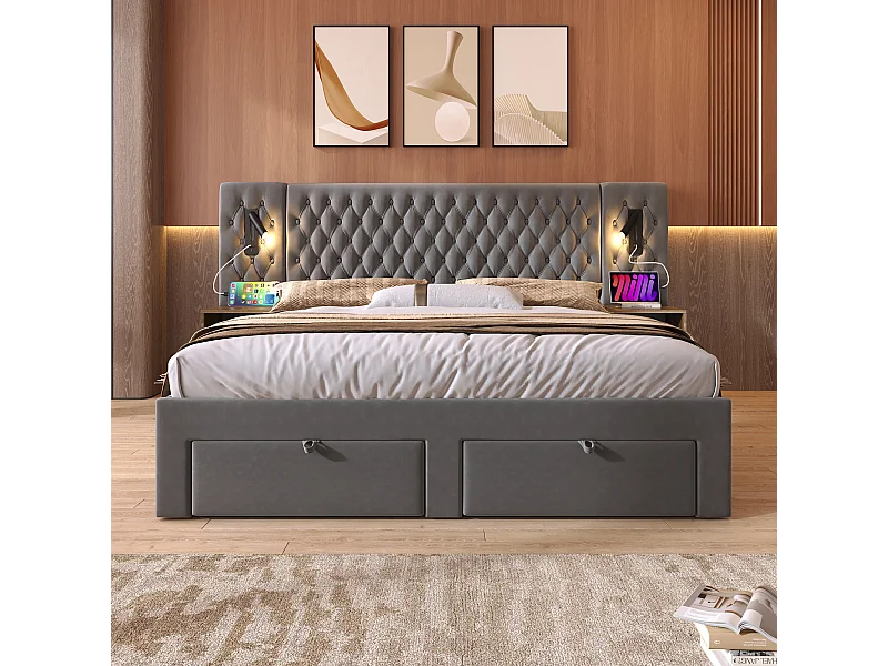 Lit double capitonné 180 x 200 cm, avec tables de chevet et tiroirs, liseuse, gris